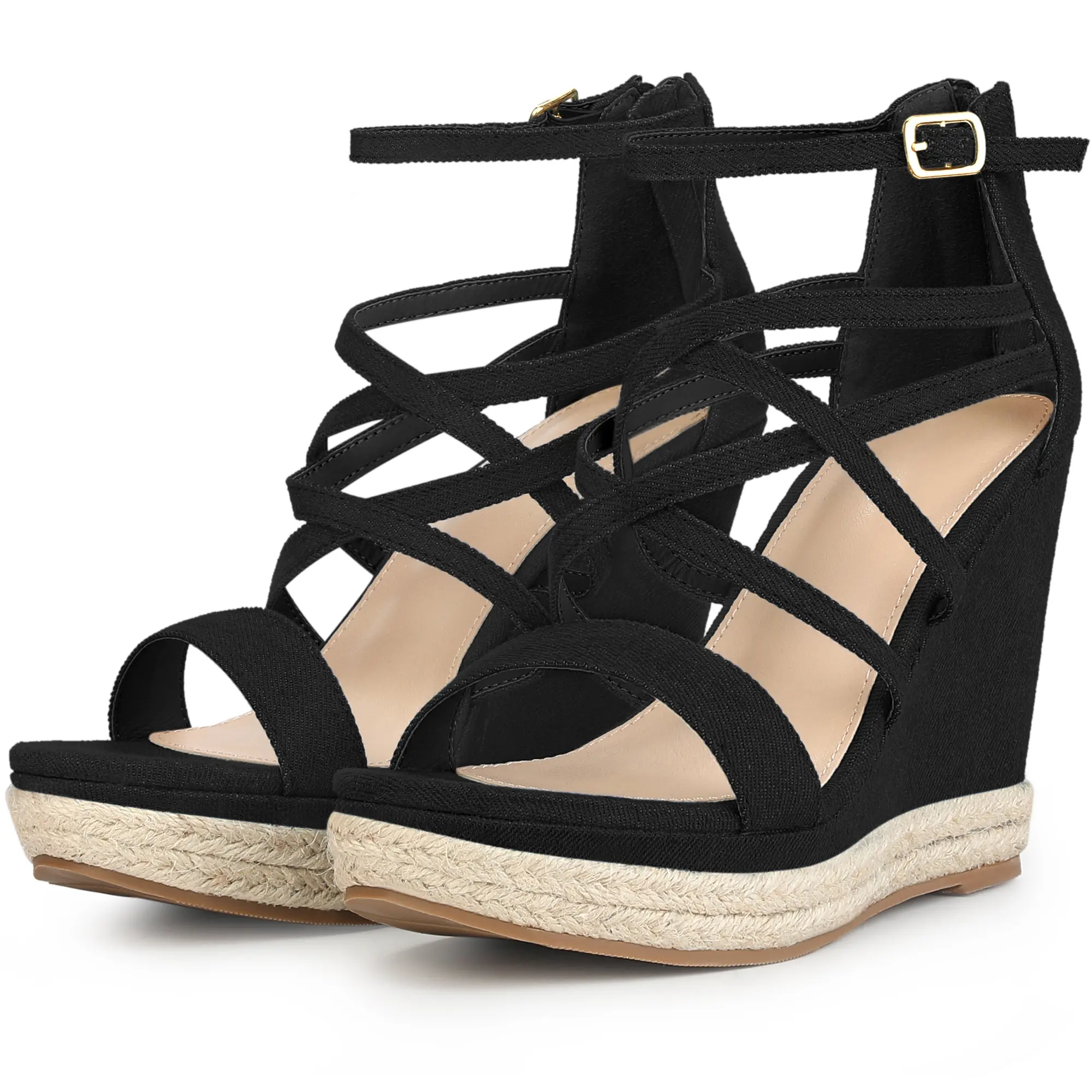 BLISSFUL STEP Denim Platform Heels Strappy Denim Wedge Sandals for Women