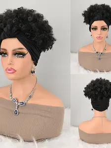 Curly Wig with Solid Headwrap, Synthetic Hair, Easy Wear Turban Style, Straight Bob Wigs, All Seasons