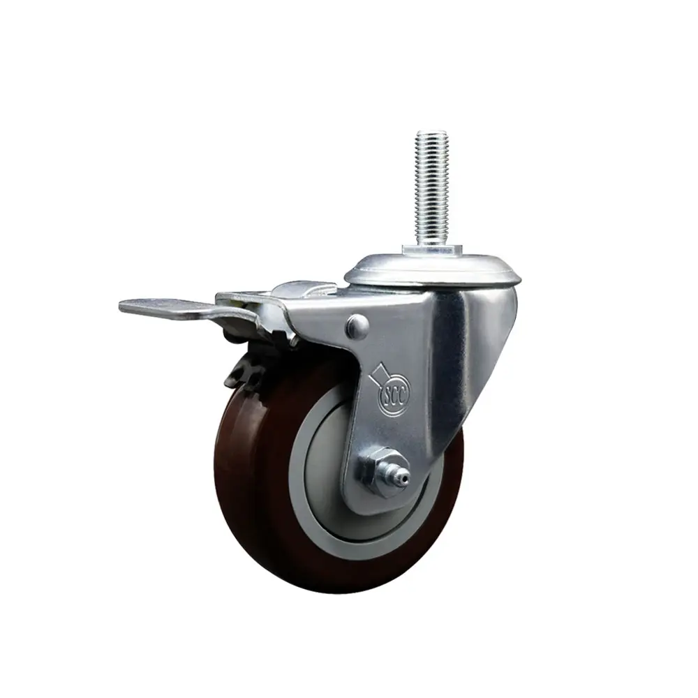 212 MAIN Swivel Threaded Stem Caster - Round Polyurethane Non-Marring Maroon 4x1.25in Wheel, 0.75in Stem, Total Locking Brake, 350lbs Capacity, Ball Bearing Design, Service Caster Series #20, 5" H X 5" W X 5" L, for Carts & Concrete/Tile/Wood Floors