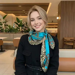 Luxury Teal Turquoise Leopard Print Chain Silk Satin Scarf for Women – Elegant Square Bandana with Animal & Gold Chain Pattern, Lightweight Neck Scarf, Hair Wrap, Bag Accessory for Office, Business, Party, Casual Daily Wear, All Seasons,