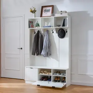 49.6-in 5-in-1 Farmhouse Hall Tree with Bench, Shoe Storage and 3 Open Storage Cabinets, High Gloss Fluted Doors for Hallway, Living Room