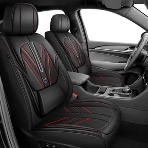 For Dodge Durango 2007-2024 Seat Covers,Full Set 5 Seats Waterproof Faux Leather with Lumbar Support,Comfortable Automotive Seat Cushion with Airbag Compatible(Full Set, Black+Red Line)
