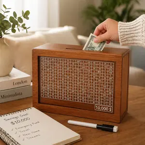 Durable Wooden Transparent Piggy Bank - $10,000 Savings Challenge Box for Kids, Home Supplies & Home Decor, Coin Bank Gift for 3-12 Year Olds