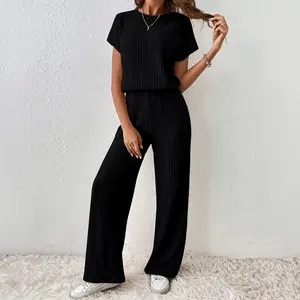 ASVIVID Women's casual loose solid-color ribbed round-neck short-sleeved long jumpsuit, elastic wide-leg jumpsuit