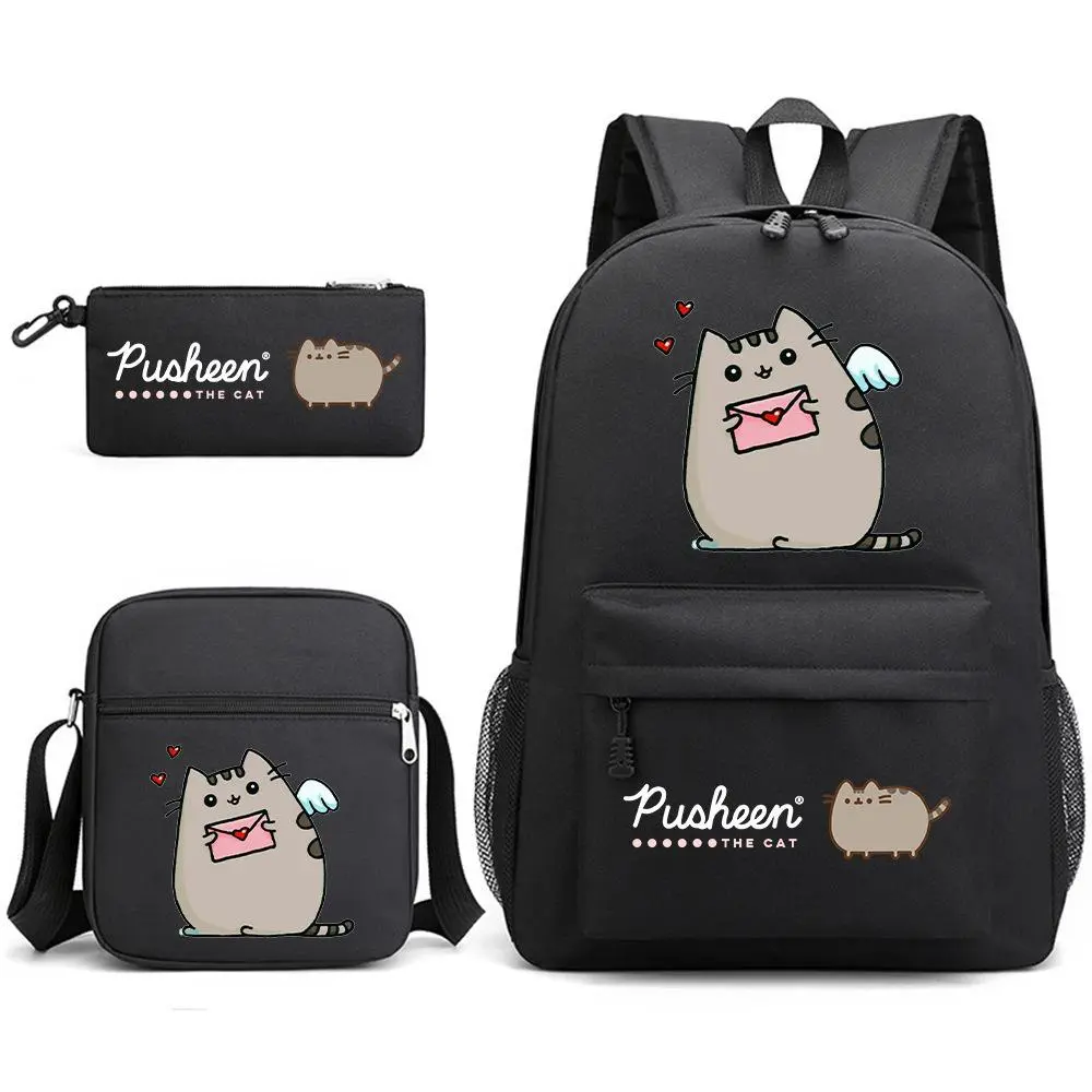 Black Heart Envelope Cat 3PCS School Backpack Set, Angel Kitten Print Large Backpack + Insulated Lunch Bag + Pencil Case, Water Resistant Oxford Daypack for Boys Girls Cat Lovers