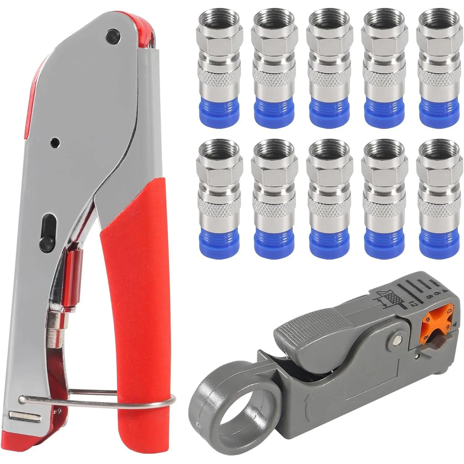 RG6 RG59 Coax Cable  Crimper Tool Kit,with 10 count Coaxial  Fitting Connector, Tool, Coax Cables Stripper for Cable TV Video Audio