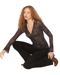 Idyllwind Women's Penny Paisley Print Bell Sleeve Button-Down Mesh Shirt - Iwho25k14-Blk