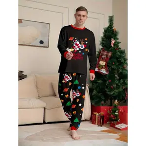 Men’s Christmas long-sleeve loungewear pajama set featuring Santa Claus, reindeer, and Christmas tree light decoration print elements; crew neck design; two-piece set; Christmas suit; Christmas clothing