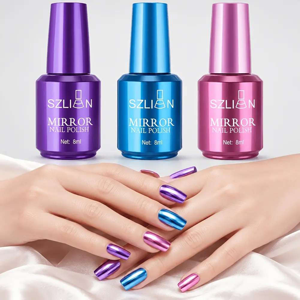3Pcs Mirror Chrome Metallic Nail Polish Set Ultra Shiny Mirror 3D Metal Effect Air Dry Nail Varnish With Built In Smooth Brush Salon Home DIY Manicure Party Nail Art Supplies Gift Set