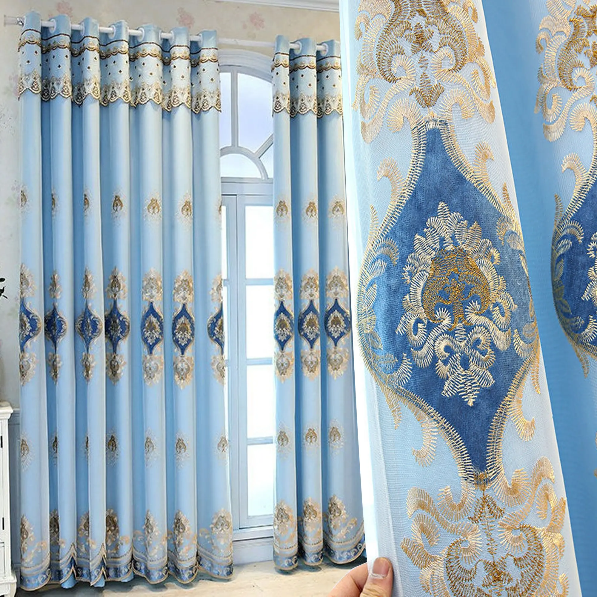 Embroidered Cloth Sheer Thermal Insulated Curtain Set, Top Hanging Rings, UV Protection & Heat Insulation, Ideal for Bedroom Living Room Office Home Decor, Window Drapes, Window Curtains, Home Decorative Curtain