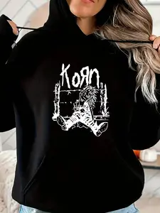 Women's Korn Band Hoodie, Casual Long Sleeve Drawstring Hooded Sweatshirt, Halloween Graphic Print, Fall & Winter Fashion