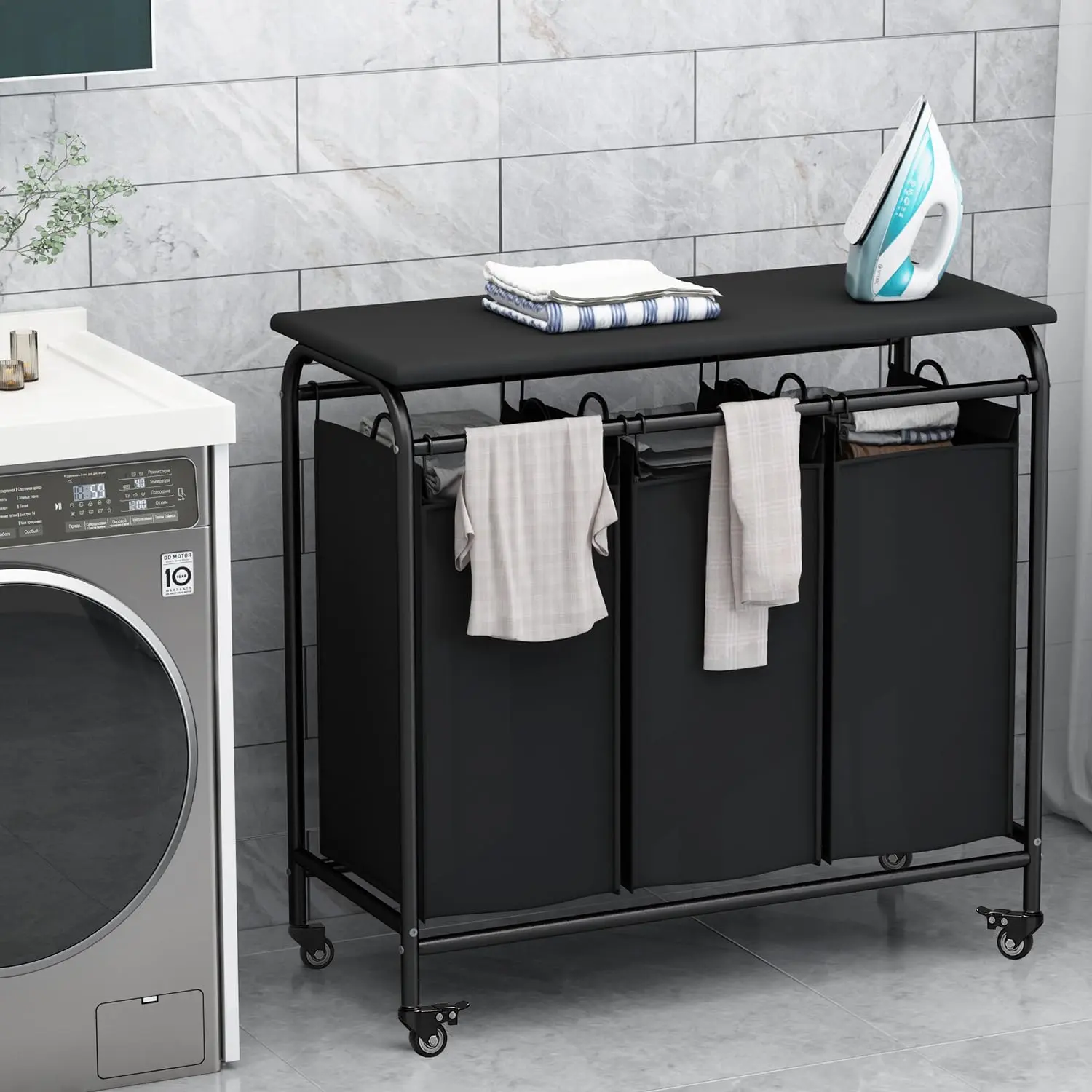 INGIORDAR Industrial 3-Bin Clothes Laundry Sorter Cart, Rectangular Metal Frame, Rolling Base with Lockable Wheels, Folding Table, Removable Dustproof Baskets, Durable Eco-Friendly Home Organizer (31.5x16.7x30.9in)