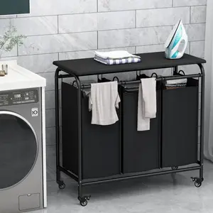 INGIORDAR Rectangular Metal 3-Bag Laundry Sorter Cart - Sturdy, Durable, Eco-Friendly, with Lockable Rolling Wheels, Folding Ironing Table (Folding Table), Removable Baskets, Smooth Organizer, 31.5"L x 16.7"W x 30.9"H