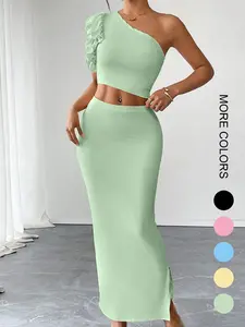 Women's Sleeveless Tank Top and Skirt 2 Piece Set Womenswear Elegant Casual Summer Solid Ruffled Backless Tank and Split Skirt Fashion Daily Wear Clothes Lady