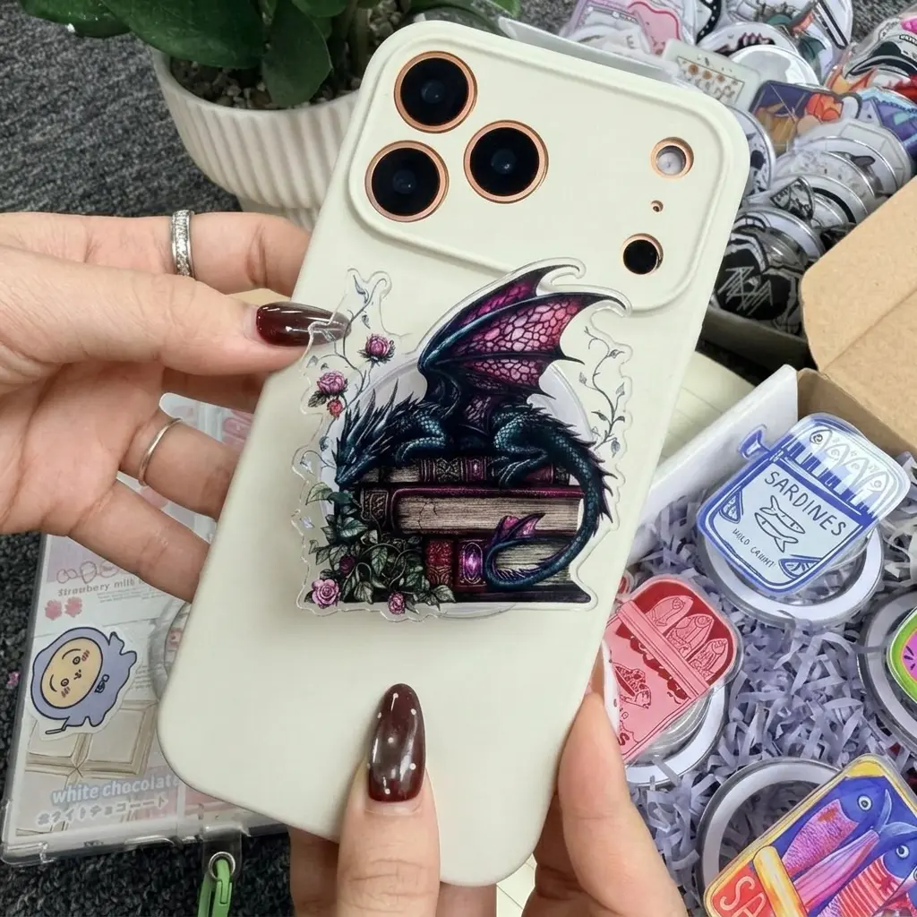 Fantasy Dragon on Books Phone Grip, Dark Aesthetic Magnetic Pop Holder, Trendy Phone Accessory for Teens & Book Lovers