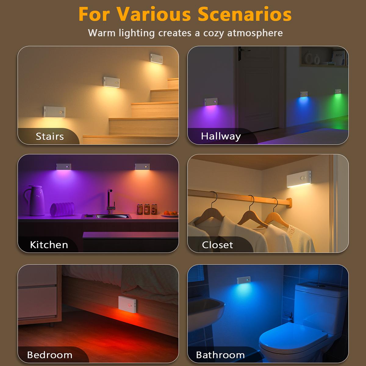 WILLED Rechargeable Motion Sensor Lights Indoor, Adjustable RGB & Warm White Wireless Night Light - Magnetic Stick-On for lighting, Stair,Bathroom, Hallway, Closet, Under Cabinet, Bedroom, Kitchen, Kids' Room