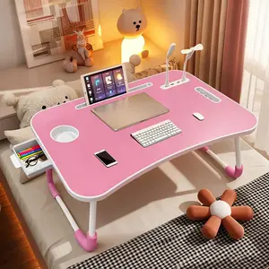 Foldable laptop desk bed tray - with 4 USB ports - portable and tiltable laptop table, wooden folding table, storage drawer and cup holder, essential for home office, ideal for working and reading on the sofa