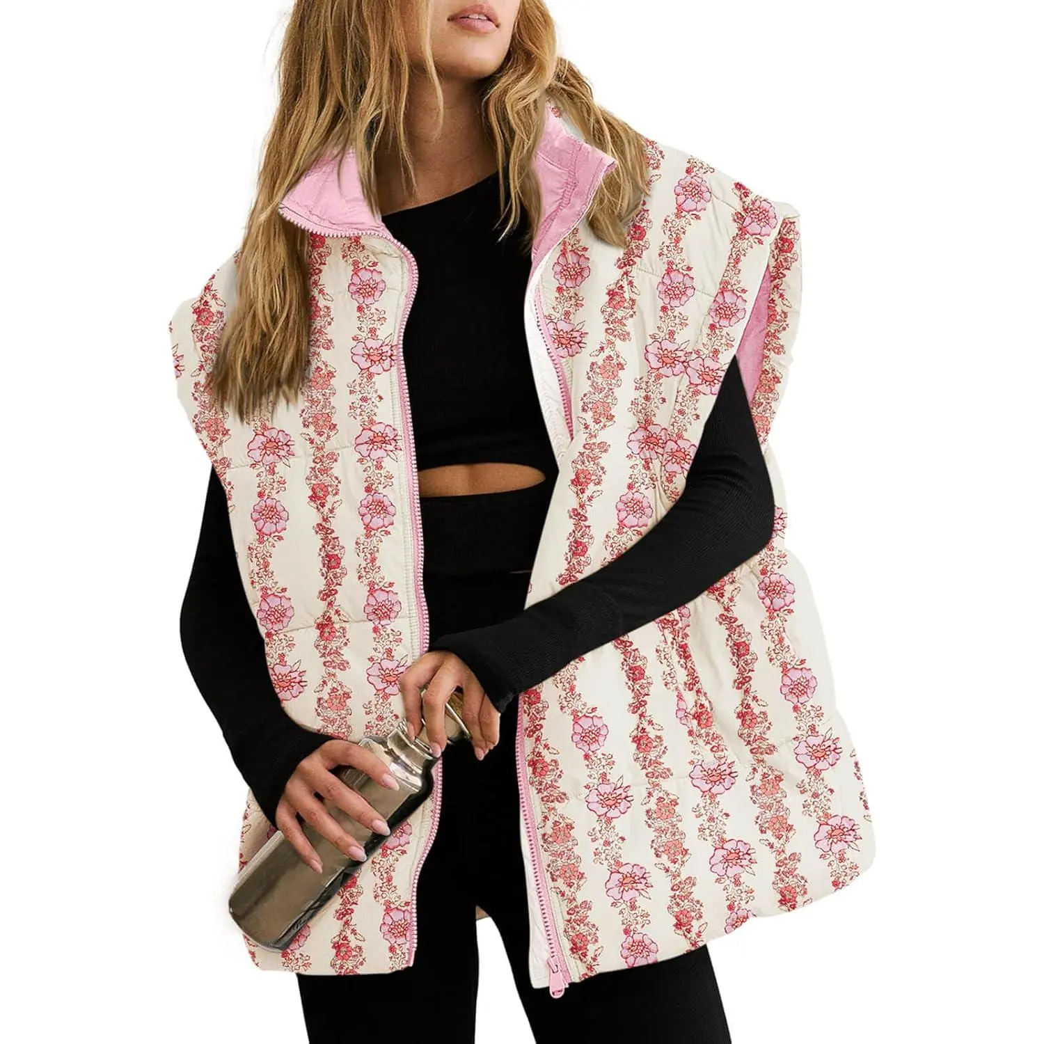 Imily Bela Essentials Womens Floral Oversized Puffer Vest Cap Sleeve Winter Warm Puffy Quilted Jackets Coat