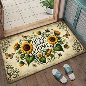 "Home Sweet Home" Sunflower Doormat, Vintage Beige Background with Sunflowers, Butterflies & Bees Print, Non-Slip Backing. Absorbs Dirt & Moisture, Machine Washable. Perfect for Farmhouse & Rustic Entryway Decor