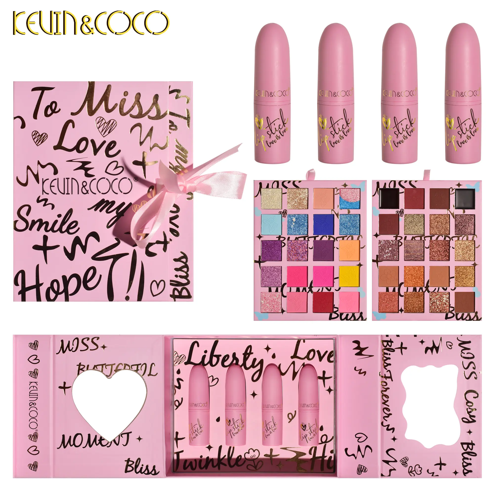 Kevin&Coco 40-Color Makeup Set with Highlighter, Contour Blush, and Velvet Lipsticks in Pink Packaging, Includes Mirror & Ribbon Gift Box - Buy now - Luxury