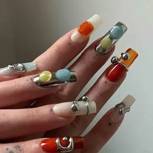 Chrome Accent Nails, Glossy Press On Nail Set, Futuristic Y2K Style, 3D Bubbles and Metal Frame Design, Bold Retro Tech Nails