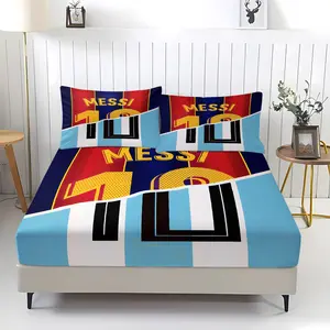 3-piece set of Messi's iconic number 10 jersey patterned bedsheet, including 1 bed sheet and 2 pillowcases, with anti slip dust cover suitable for children and adult bedrooms, suitable as a holiday Valentine's Day birthday adult gift