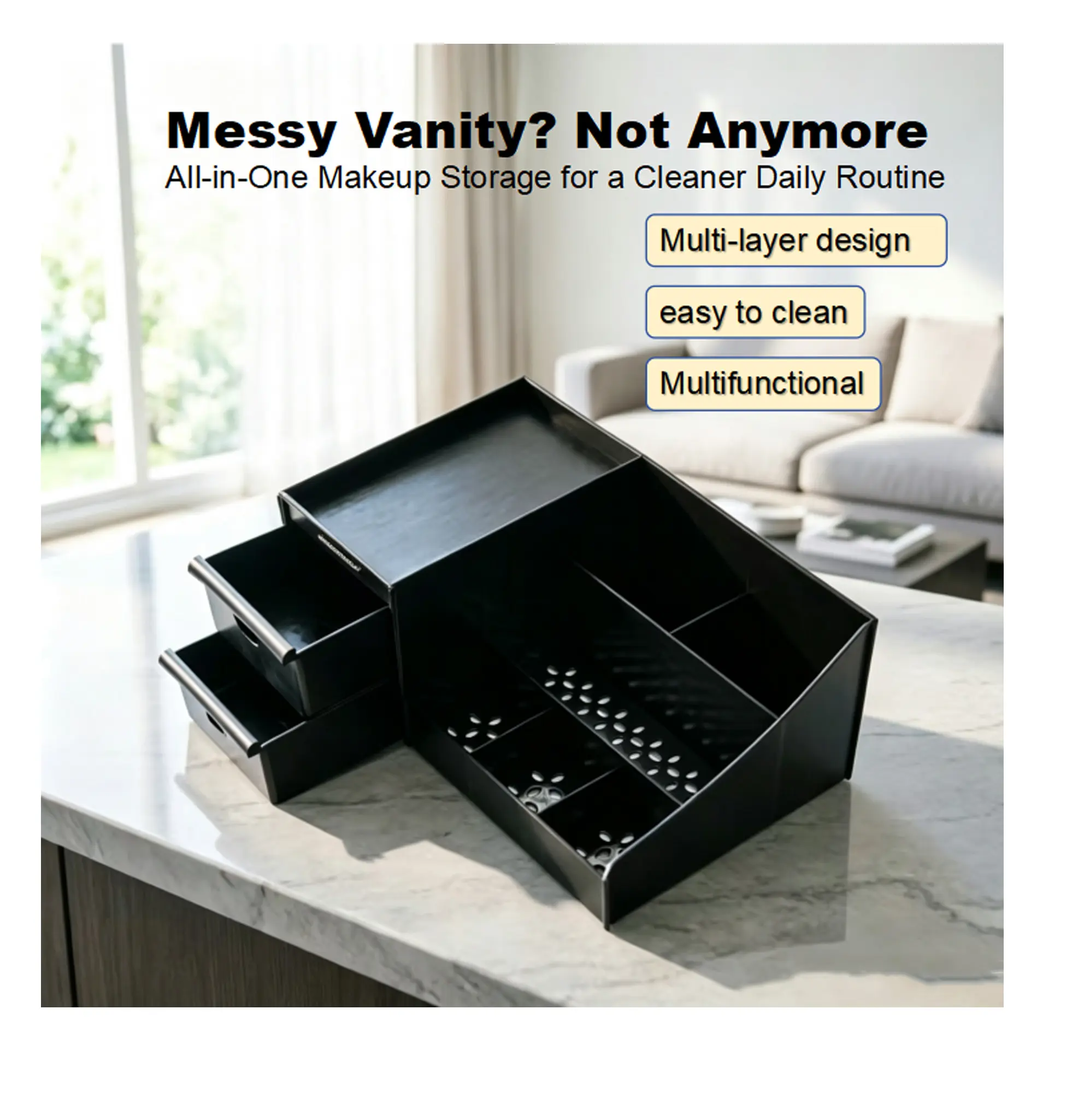 Men's Square Cologne Black Storage Organizer - Durable Plastic Beauty Organizer, Waterproof, Multi-Layer, Dust-Proof, Multifunctional Storage Bin for Bathroom Home Organization