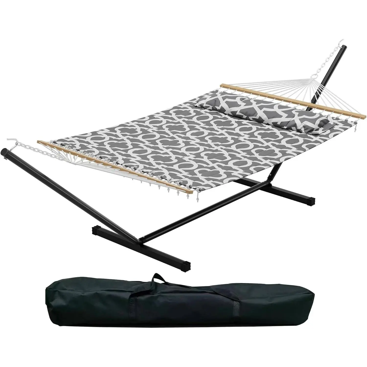 Light Gray Cotton 2-Person Heavy Duty Hammock Set for Couples - 57-Inch Widening Curve, 450 LBS Capacity, Heavy-Duty Metal Stand, Carry Bag, Sturdy, Indoor-Outdoor Furniture for Parents & Kids, Relaxation, Sunrooms
