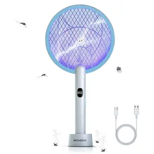 Handheld Electronic Mosquito Zapper - 4100V Electric Fly Swatter, 1800mAh Rechargeable Battery, Purple Light, 3-Layer Safety Mesh, Blue, for Indoor/Outdoor Household Use