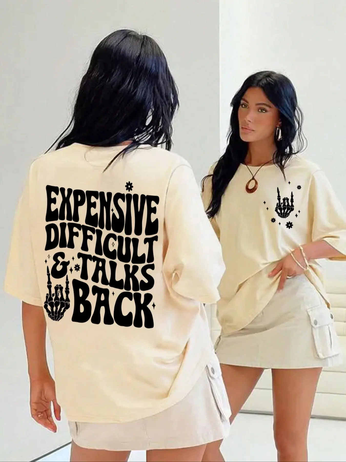 Women's Expensive Difficult and Talks Back Slogan Print Skeleton Hand Graphic Round Neck Fitted Tee, Casual Style Streetwear Half Sleeve T-shirt for Daily Wear, All Seasons, Casual Streetwear Look