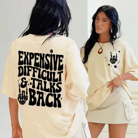 Women's Expensive Difficult and Talks Back Slogan Print Skeleton Hand Graphic Round Neck Fitted Tee, Casual Style Streetwear Half Sleeve T-shirt for Daily Wear, All Seasons, Casual Streetwear Look