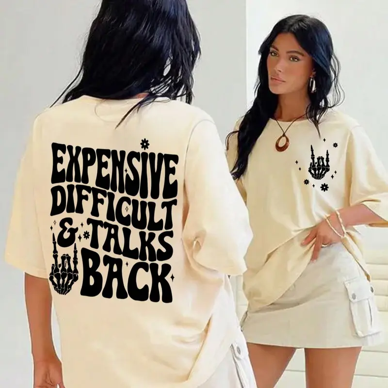 Women's Expensive Difficult and Talks Back Slogan Print Skeleton Hand Graphic Round Neck Fitted Tee, Casual Style Streetwear Half Sleeve T-shirt for Daily Wear, All Seasons, Casual Streetwear Look