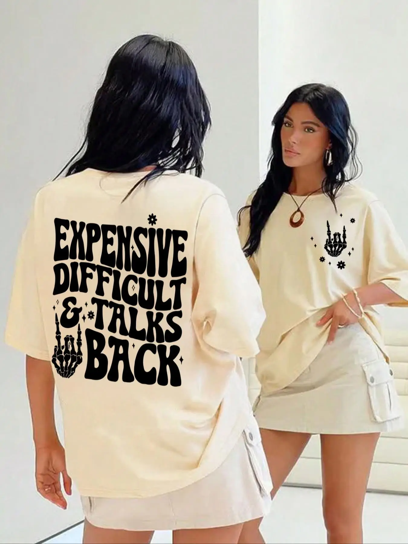 Women's " Expensive Difficult and Talks Back " Slogan Print Skeleton Hand Graphic Round Neck Tee, Casual Half Sleeve Crew Neck T-shirt for Daily Wear,