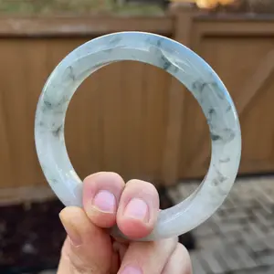 24178-L Certified Untreated Grade A Jade Bracelet - Round 59.1mm (Burmese Jadeite Bangle, Icy Green Floral Pattern)