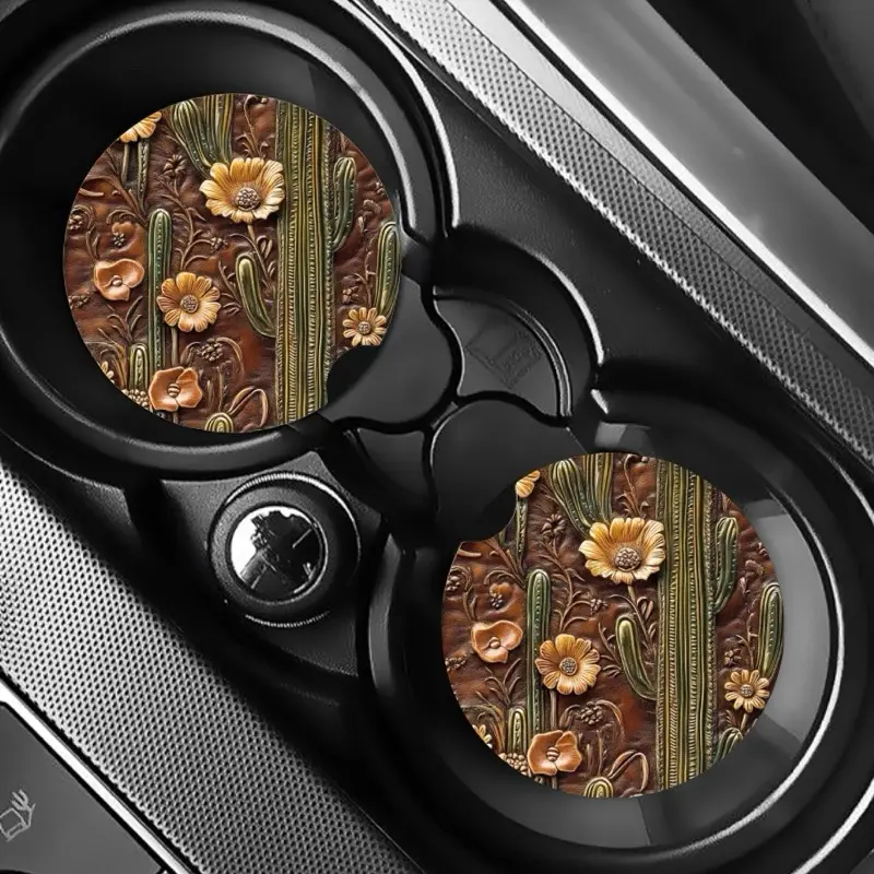 Brown Floral and Cactus Car Coasters - Unique Design for Car Decoration