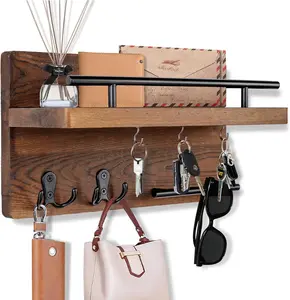 Wall Mounted Key Holder/Hangers for Wall Decorative with 5 Key Hooks, Wooden Mail Rack Organizer with Shelf, Rustic Home Decor for Entryway Mudroom Hallway Office, Brown