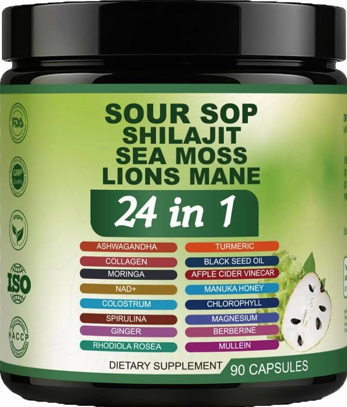 Soursop Capsules - 24 in 1 Graviola Soursop Capsules with Shilajit, Sea Moss, Lions Mane, Turmeric, Ashwagandha, Vegan, Ginger & Manuka Honey and More, Non-GMO, 90capsules