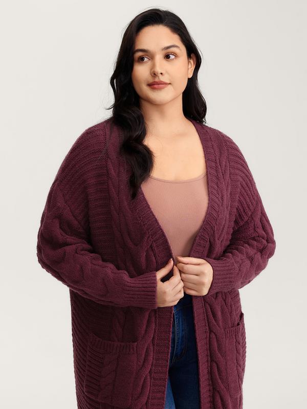 BLOOMCHIC Textured Super Stretchy Pockets Knit Cardigan - Long Sleeve Kimono Collar Winter Cardigan for Women, Loose Fit Knitwear with Drop Shoulder Sleeves and Cable Knit Texture Knitting Womenswear