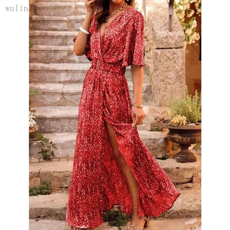 Women's 2026 Vintage Light Spandex Comfortable Summer Wrap Maxi Dress - Maternity Clothing, V-Neck, Short Sleeve, Ruffle Hem, Split, Asymmetric Dot Floral, Beach Style with Belt, Casual Boho Sexy Fit
