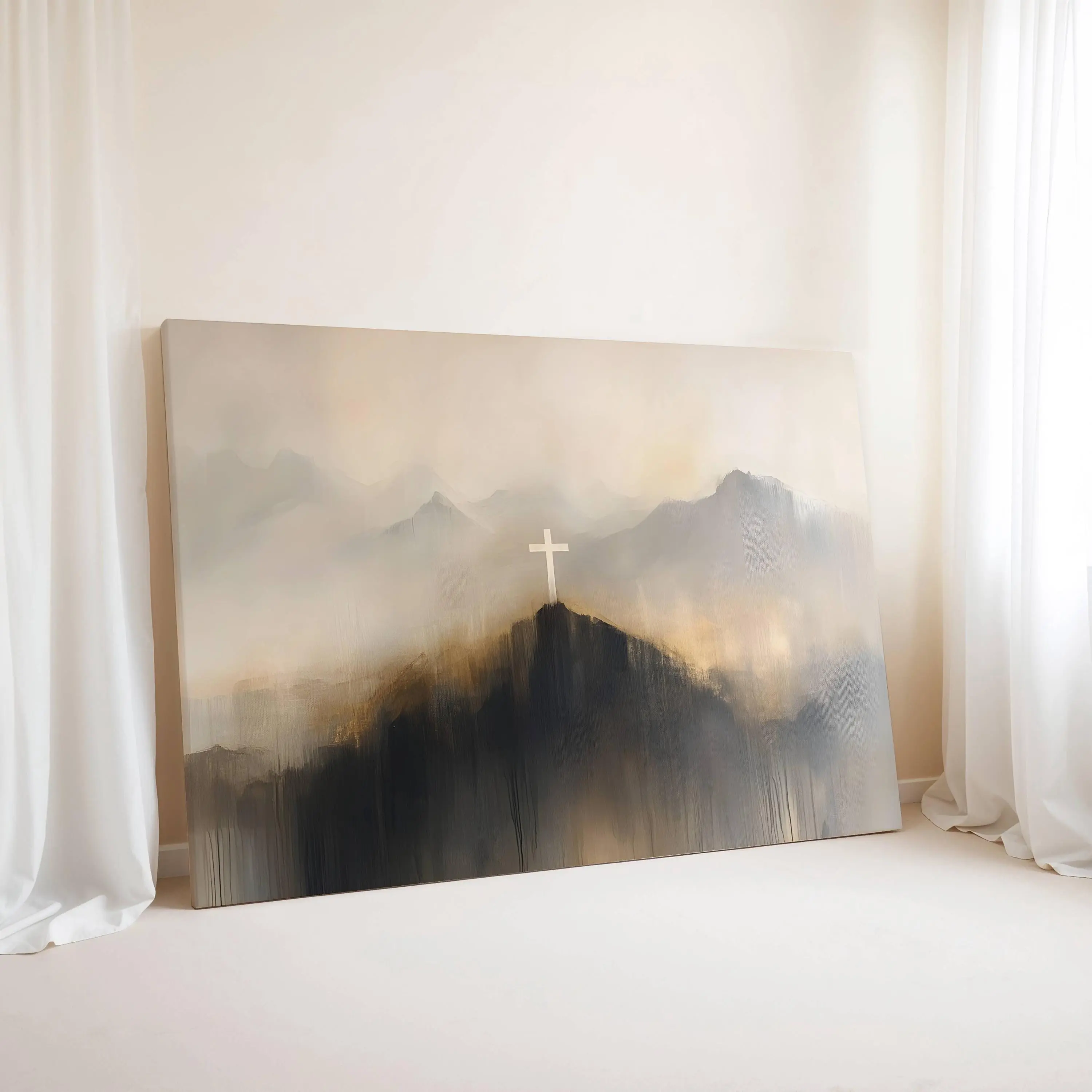 Christian Jesus Cross Canvas | Modern Scripture Wall Art, Religious Landscape Painting