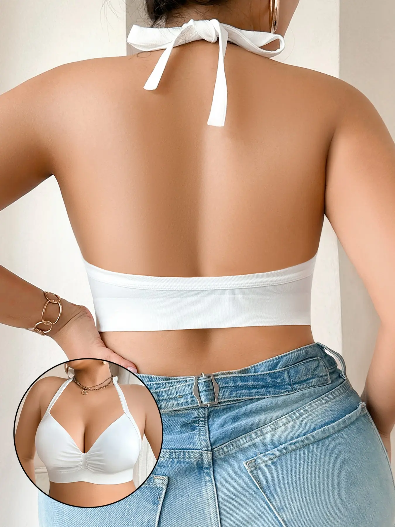 Plus Size Women's Seamless Wireless Halter Triangle Bra with Molded Cups, Comfortable Basic Simple Casual Design, Medium Support, Solid Pattern, All Seasons, Underwear, Minimalist Bra, Halter Neck Bra, Everyday Essential Bra