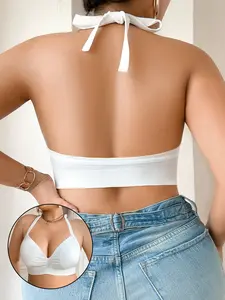 Plus Size Women's Seamless Wireless Halter Triangle Bra with Molded Cups, Comfortable Basic Simple Casual Design, Medium Support, Solid Pattern, All Seasons, Underwear