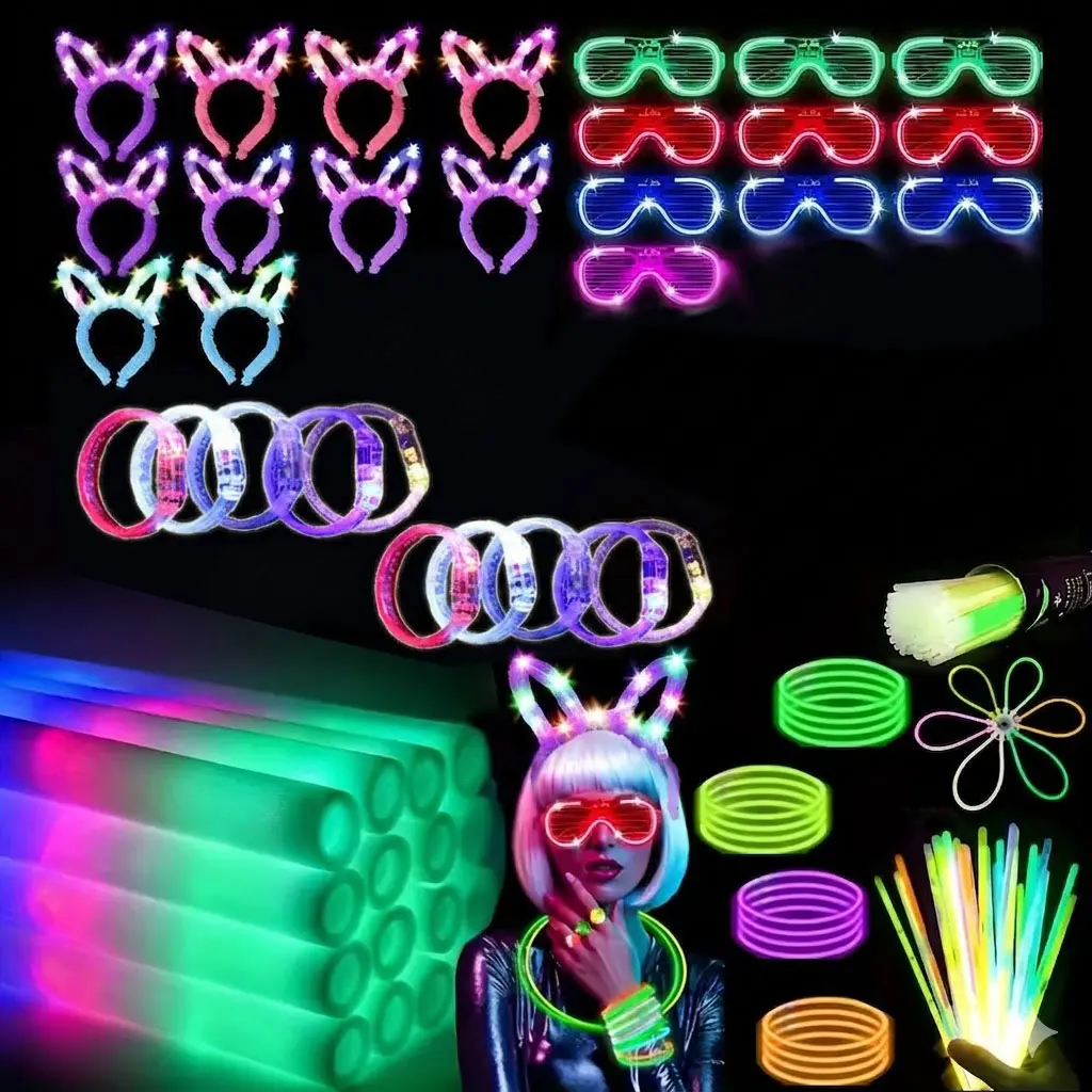 160 PCS Glow in the Dark Party Supplies, 18 Foam Sticks, 18 LED Glasses, 200 Glow Sticks, 30 Finger Lights, 8 Bunny Ear Headband and 8 LED Cat Ear Headband for Wedding,Birthday,Concert,New Year