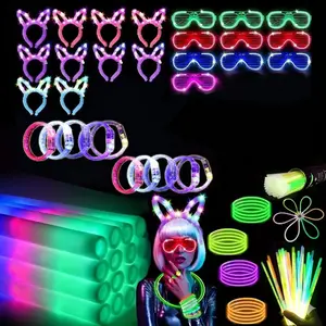 160 PCS Glow in the Dark Party Supplies, 18 Foam Sticks, 18 LED Glasses, 200 Glow Sticks, 30 Finger Lights, 8 Bunny Ear Headband and 8 LED Cat Ear Headband for Wedding,Birthday,Concert,New Year