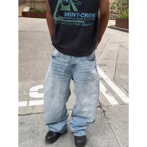 Men's Light Blue Washed Denim Jeans, Retro Streetwear Loose Fit Straight Leg Pants
