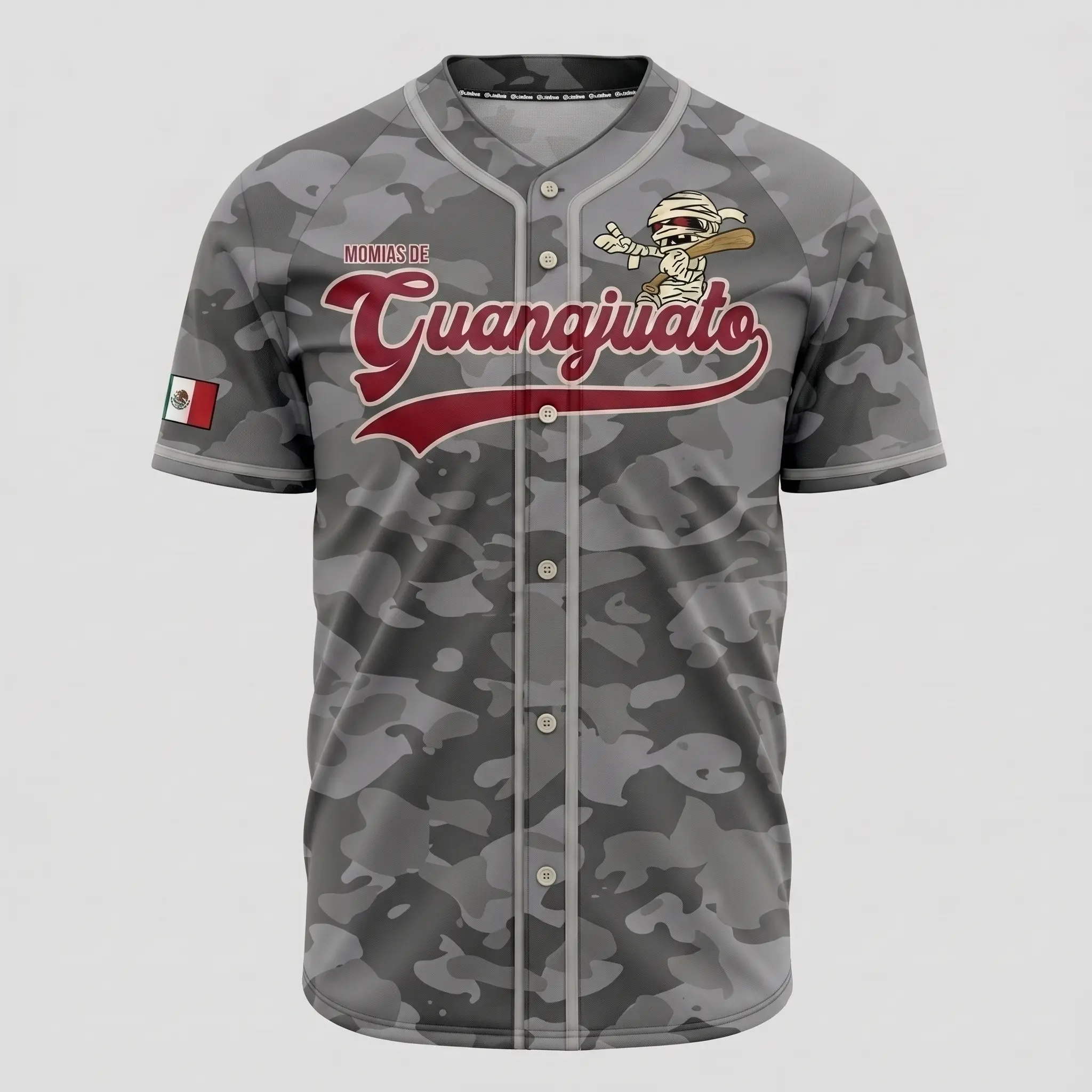 Momias de Guanajuato Gray Camouflage Baseball Jersey – Mexican Heritage Mummy Graphic Button-Up Sports Shirt, Unisex Athletic Jersey