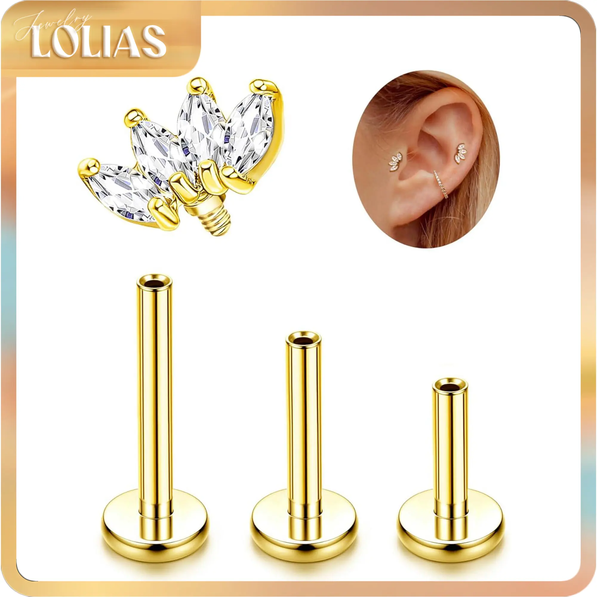 LOLIAS 16G G23 Titanium Internally Threaded Flat Back Stud Earrings - 6mm/8mm/10mm Hypoallergenic for Women's Tragus, Conch Piercings