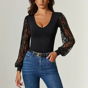 Avidlove Womens Long Sleeve Bodysuit Double Lined V Neck Lace Puff Sleeves Going Out Top Shirts Thong Leotard Body Suit