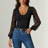 Avidlove Womens Long Sleeve Bodysuit Double Lined V Neck Lace Puff Sleeves Going Out Top Shirts Thong Leotard BodySuit Gifts