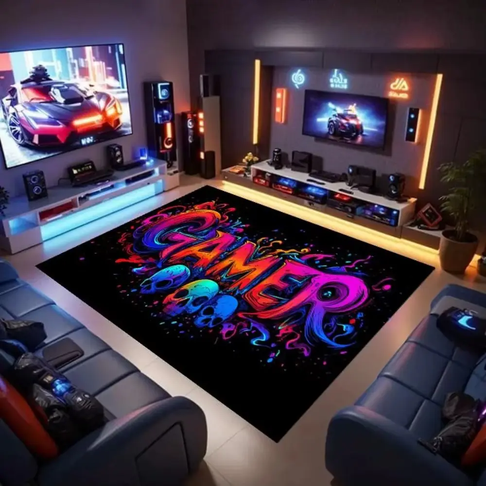 Neon 2D PlayStation Game Symbols Flannel Area Rug, Decorative Rug, Cool Theme Rug, Gaming Rugs, Soft Plush Mat for Gaming Room & Bedroom, Non-Slip Thick Retro Video Game Pattern Home Decor for Gamer Enthusiasts